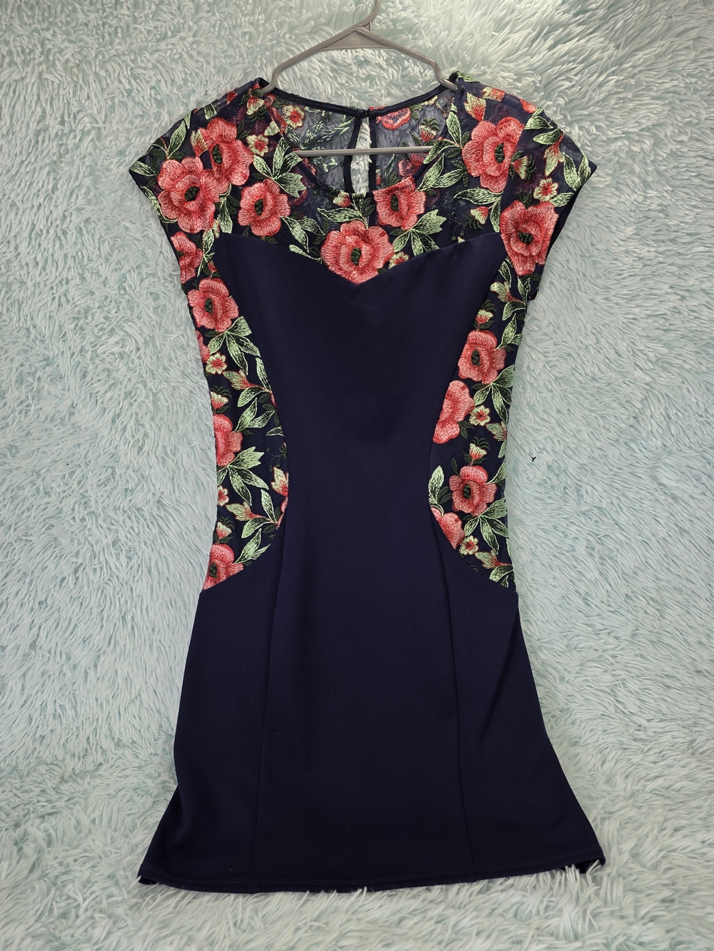 BCX‎ Navy Blue Floral Embroidered Illusion Mini Dress - Size 9